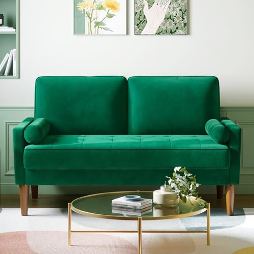 Vesgantti Couch 2 Sitzer, Samt Kleines Sofa mit 2 Wurfkissen, Modern Mini Sofa, Getuftetes Kleine Couch für Wohnzimmer/Schlafzimmer/Büro/Wohnung, 121x 77 x 87cm, Grün
