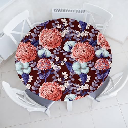 ABAKUHAUS Fleurs Nappe Ronde élastique, Hortensias Romantiques Vintage, Décor avec Poche de Tringle pour Cuisine et Chambre à Coucher, 142 cm x 152 cm, Bordeaux Mauve Saumon