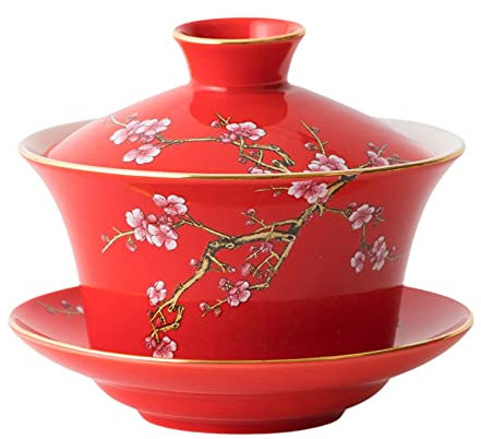 Kung-Fu-Teeschale, groß, 284 ml, Kung-Fu-Teetasse und Untertasse aus Porzellan mit Deckel, traditionell chinesisch, Teeschale – geprägtes Pflaumenmuster (rot)