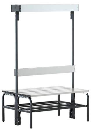 Sypro Umkleidebank für Nassräume mit Rückenlehne | Doppelseitig | Aluminium | 3 Längen | Sitzhöhe 45 cm | Höhe Hakenleiste 165 cm | Sehr guter Sitzkomfort | Edelstahlgestell