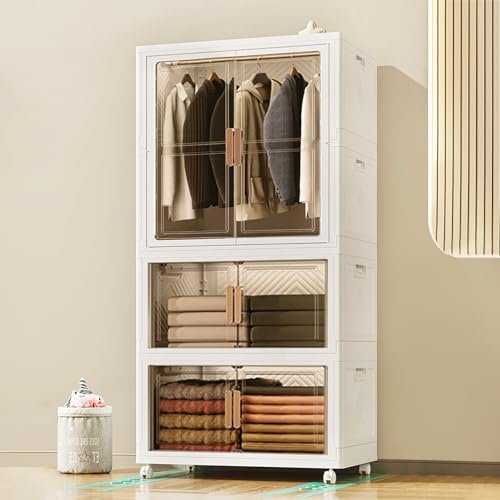 ELPHECO Collapsible Clothes Cabinet Large Portable Closet Plastic Folding Dresser with Hanging Rod Wardrobe with Double Doors (1 Hanging + 2 Storage)