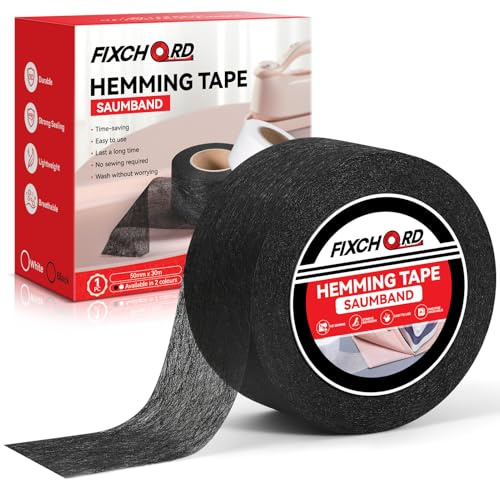 FIXCHORD Fållband för Strykning, Strykbart Tygband, Strykjärnstejp utan Sömnad, Strykjärnstejp för Fållning för Strykning och Limning av Kläder och Gardiner, DIY-hantverk, Svart, 30M*50MM