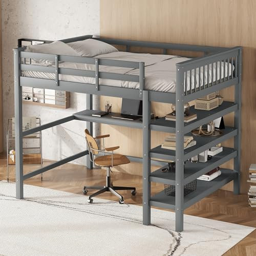 Hochbett Kinderbett 140 x 200cm mit Schreibtisch und Offenes Lagerregal, Holzbett Funktionsbett mit Lattenrost und Rausfallschutz, Kinder Etagenbett Bettgestell mit Leiter, Ohne Matratze (Grau)