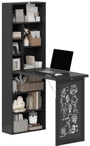 HOMCOM Wall Mounted Computer Desk, Space Saving Folding Study Table with Black Board, Bookshelf, Floating Writing Desk with Adjustable Shelf, 9 Open Compartments for Small Space, Black