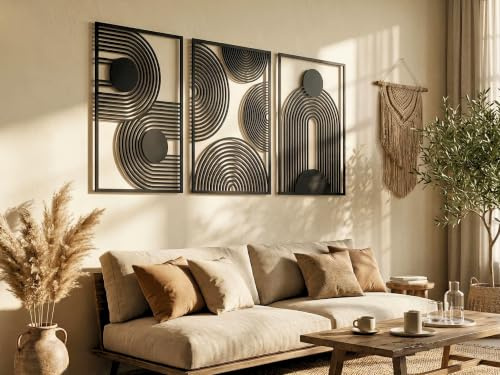 VAILLA Boho Wanddeko Holz 3D – Wandbild 3er Set Wohnzimmer Schlafzimmer | MDF Sperrholz, Lasergeschnitten, Mandala Makramee Boho, 5 Größen, Schwarz Silber Gold, personalisierbar, Eingang Esszimmer