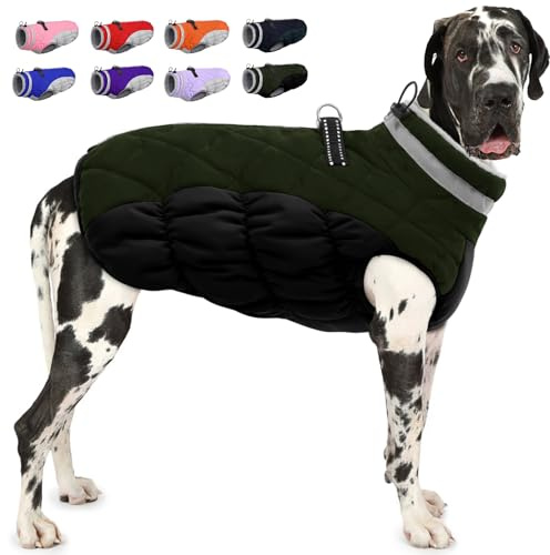 AOFITEE Extra Großer Hundemantel, Warme Wasserdichter & Winddichter Hundejacke mit Bauchschutz, Rollkragen Reflektierende Hund Wintermäntel, Outdoor Fleece Hundebekleidung für Windhund, 3XL Dunkelgrün