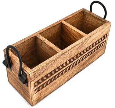 Indus Lifespace Soporte para bolígrafos, organizador de bolígrafos rústico de escritorio, soporte para lápices de madera con 3 compartimentos (11 x 4 x 4.5 pulgadas)