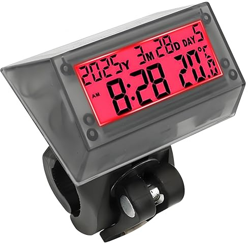 Solar Powered LCD Clock Red -WaterProof ShockProof Car Clock with Bracket | Car Multifunctional Digital Clock with Time, Date, Week, Temperature,Handle Bracket For Car Motorcycle Bicycle Outdoor