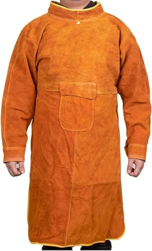 Tabliers pour hommes, Tablier de soudeur en cuir Tablier de soudage en cuir avec manches Poches à outils Ceinture réglable Cuir de vache ignifuge
