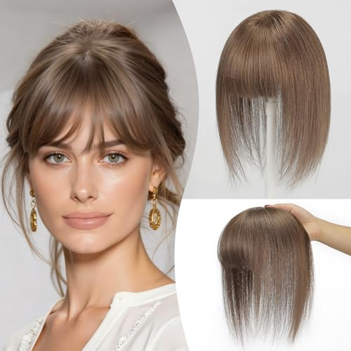 EMMOR 10 Zoll Echthaar Haarteil für Frauen – Verbesserte Schweizer Spitzenbasis mit 3 rutschfesten Clips, 4,5 x 3 Clip-in Pony für dünner werdendes Haar & natürliche Haarausfall(Graubraun)
