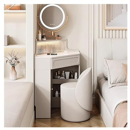 Tavolo Trucco Mobiletto da toeletta angolare con specchio e luci, moderno set da toeletta for camera da letto/guardaroba, mobiletto da toeletta con contenitore in vetro, bianco Toilette con specchio(M