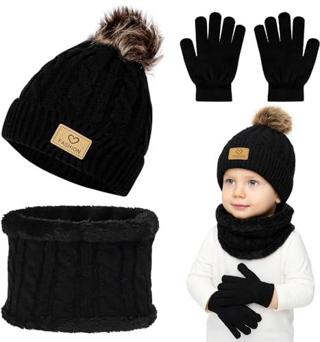 Winmany 3 st vinterhattar, barn, halsduk, set, fleece, halsduk, mössa, med stickad, vantar, set för flickor, pojkar, svart, Ett Storlek