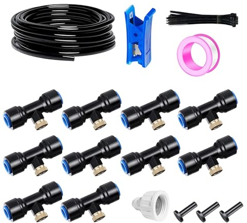 HUAZIZ Brumisateurs pour terrasse extérieure, système de brumisation de jardin, système d'irrigation, tuyau de 15 m 6 mm + 10 buses de brumisation en T Bleu