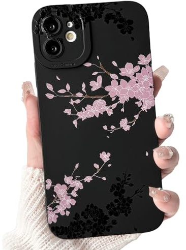 NITITOP Cover per iPhone 11 Carina Fiore Ciliegio, Nero Rosa | per Ragazze Femminile, Motivo Floreale di Grazioso Sakura, Custodia In Silicone Resistente Antiurto, Protezione Fotocamera