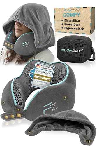 FLOWZOOM Comfy Cuscino da Viaggio con Cappuccio in Schiuma Memory per Aereo e Auto – Cuscino per il Collo Regolabile con Supporto a 360°, Fodera Lavabile e Sacchetto in Rete per il Trasporto - Grigio