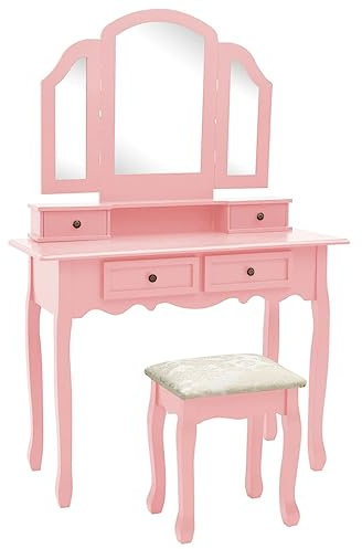 Set Toeletta con Sgabello in Legno di Paulownia,Design Vittoriano con 4 Cassetti e Specchio 3 in 1,Postazione Trucco e Vanity Desk for Makeup,Toilette da Trucco per Camera da Letto,Rosa,100x40x146 cm