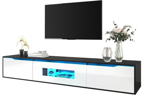 Meuble TV Haute Brillance 180 cm, Noir Blanc avec éclairage LED USB, Moderne lumière Changeante de Couleur pour Salon