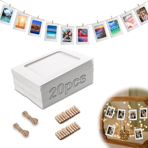 Mbsomnus 20 Pièces Guirlande Photo 10x15 cm Accroche Photo Blanc Cadre Photo Carton 6 Pouces Livré avec 20pcs Mini Epingle en Bois 2pcs Corde en Jute pour DIY Décoration Murale Fête Anniversaire