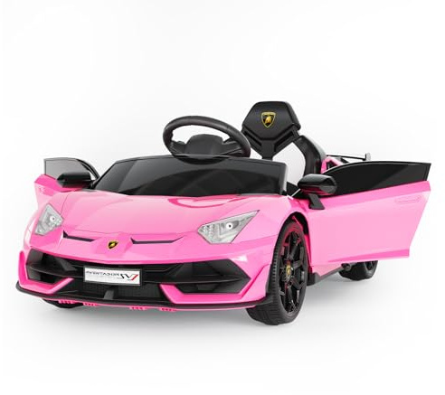 RBFGYIOP Macchina elettrica per bambini stile Lamborghini 12V con radiocomando, porte idrauliche, sospensioni, velocità max 5 km/h, sicurezza avanzata, veicolo resistente 3-8 anni, colore rosa