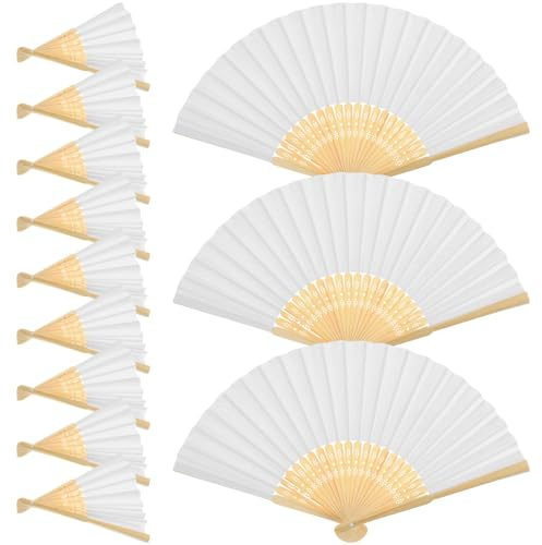 TOVINANNA 12pcs White DIY Folding Hand Fans for Women, Handheld Manual Fans with Blank Paper for Painting, Calligraphy, and Chinese Style Dance Performance Accessories