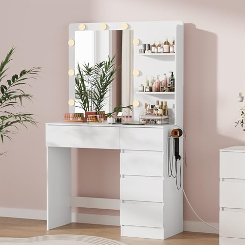 Schminktisch mit Spiegel, LED-Beleuchtung und Steckdose, Fönhalter, 80B cm | Vanity mit 5 Schubladen und 2 Offenen Ablagen, 3 Farbmodi und Einstellbarer Helligkeit, Weiß