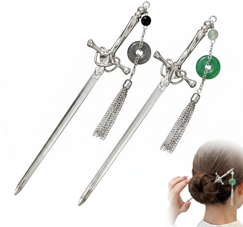 PYRUVAE 2 Pezzi Bastoncini per Capelli a Forma di Spada, Bacchette per Capelli in Metallo con Nappa, Accessori Capelli Vintage Stile Cinese per Donna e Ragazza, Ideale per Cosplay e Matrimonio