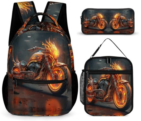 WECECE Flaming Motorbike Backpack Set with Lunch Tote and Pencil Case for Students Age 7, Cool Motorcycle Backpack School Supplies Bundle Year 6 for Girls Birthday Gift School Supplies and Travel Use