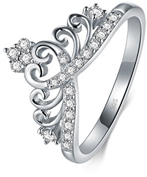 BORUO 925 Sterling Silver Cubic Zirconia Princess Crown Tiara Wedding Cz Band Eternity Ring Size 7