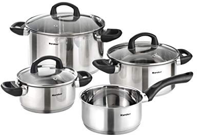 Karcher Set di Pentole Mia con Coperchi in Vetro, Adatto ai Piani a Induzione, Acciaio Inox, 4 Pezzi