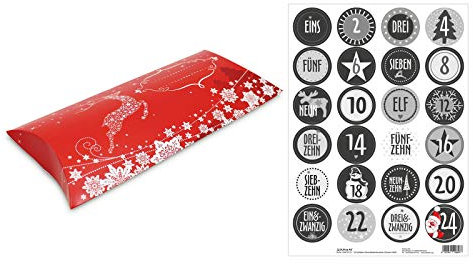 OLShop AG Adventskalender Rentier 25 Kissenverpackungen rot mit 24 Zahlenaufklebern Schwarz/Weiß
