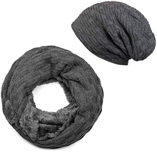 styleBREAKER Stickad loop halsduk och beanie mössa set med flätmönster, fleece foder, vinter, unisex 01018211, Mörkgrå, En Storlek