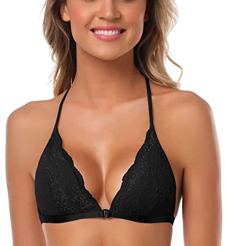 SHEKINI Women's Lace Bra Wireless Padded Triangle Bralettes for Women Front Closure Halter Bras for Women Black