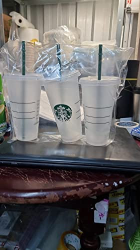 Starbucks Reusable 3 Hard Plastic Venti 24 oz Frosted Ice Cold Drink Cup with Lid and Green Straw w/Stopper