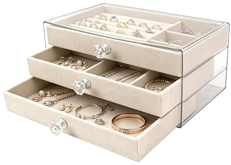 Schmuckkästchen, 3-lagiger Schmuckschatulle für Damen, Schmuckaufbewahrung Schublade, Schmuckkasten mit Samt-Futter, für Ohrringe, Halsketten, Ringen (Beige)