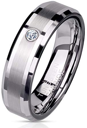 Paula & Fritz® Damen Wolframcarbid gebürstete Mitte Zirkonia Klar Gr. 70 (22,3) Silber 6-mm Breit Herren-Ring Partner-Ring Damen-Ring Tungsten