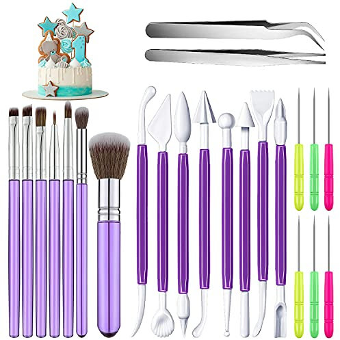 MEISO Juego de herramientas para decoración de tartas, 23 piezas, herramientas de modelado, pincel para decoración de galletas, aguja para galletas, aguja para mezclar azúcar, pinzas rectas (morado)