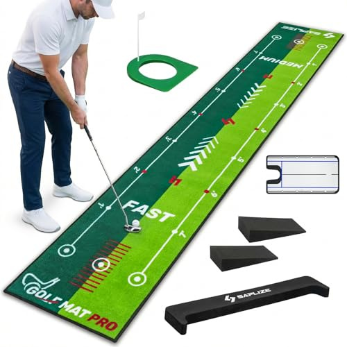 SAPLIZE Tvåväxlad träningsmatta för golfputtning med puttjusteringsspegel, 50,8 cm x 3,0 m puttträningsmatta, halkfri baksida golfputtning grön för inomhus/utomhus
