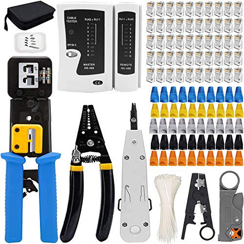 MAYLINEE Kit de herramientas de crimpado para cables de red RJ45 para pasar CAT6 Cat5e Cat5 conectores de paso CAT6 RJ11 TJ12 pelacables alicates de corte de alambre 50 Conectores (Gris)