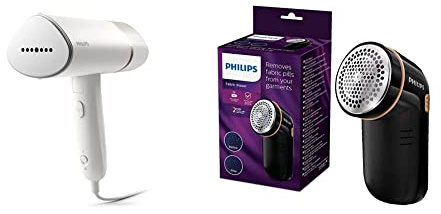 Philips Series 3000 Tragbarer Dampfglätter – 1000 W, weiß & GC026/80 Fusselentferner für alle Kleidungsstücke, entfernt kleine Knötchen, 2 Höheneinstellungen, batteriebetrieben, schwarz-gold