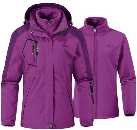 YSENTO Chaqueta de esquí 3 en 1 para mujer, chaqueta de forro polar impermeable, resistente al viento, cálida, con capucha extraíble, morado, S