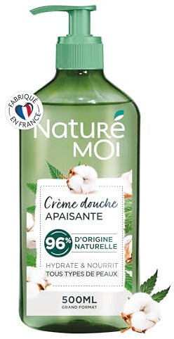 Naturé Moi - Crème Douche Apaisante - Peaux Sensibles - Hydrate et Nourrit - Gel Douche - Fleur de Coton Bio et Chanvre du Massif Central - 96% d'Origine Naturelle - 500 ml - Fabriqué en France
