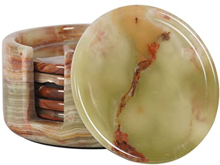 Radicaln Green Onyx Marble Coasters Set of 6 Handmade 3.5 Inch Round Coasters for Drinks, Coaster Set with Holder for Dining Tables