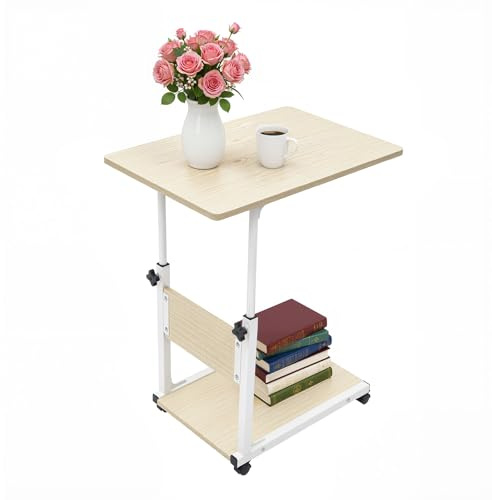 SanBouSi 2 Ebenen Pflegetisch Beistelltisch Couchtisch Sofatisch mit Rollen Mobiler Kaffeetisch Höhenverstellbar Nachttisch für Krankenbett, Pflegebett, Laptoptisch