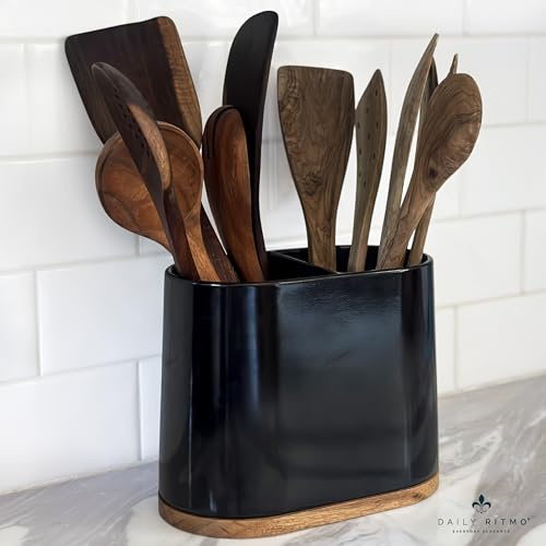DAILY RITMO Large Kitchen Black Utensil Holder for Countertop with Bamboo Wooden Base | Minimalistic Cooking Utensils | Ceramic Tool Crock | Cylindrical Oval Shape | Narrow Spatula Organizer