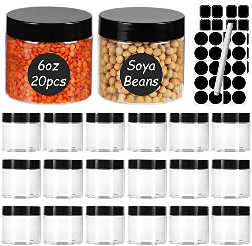 Yishik 6 oz Clear Plastic Jars with Lids,20 Pack Round Cosmetic Jars | 180ml Empty Slime Containers,Refillable Plastic Storage Jars for Spices,Cream,Beauty Products,Lotion,Crafts