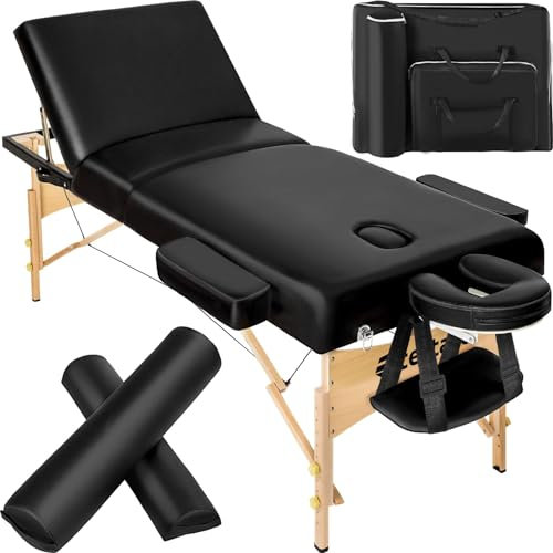 tectake® Mobile Massageliege mit 3 Zonen, klappbar, mit 7,5 cm Polsterung, bis 250 kg belastbar, Massagebank mit Zubehör Tasche, Voll- und Halbrolle, mobiles Möbel für Massage - schwarz