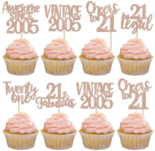 Xsstarmi 24 Pack 21st Birthday Cupcake Toppers Glitter Twenty one Legal 21 Fabulous Vintage 2005 Cupcake Picks for Cheers to 21 Years 21st Birthday Wedding Anniversary Party Cake Decorations Rose Gold
