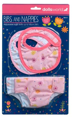 Dolls World from Peterkin | Bibs and Nappies | 2 fabric bibs and 2 fabric nappies, suitable for dolls up to 46cm (18) | Dolls & Accessories | Ages 18m+