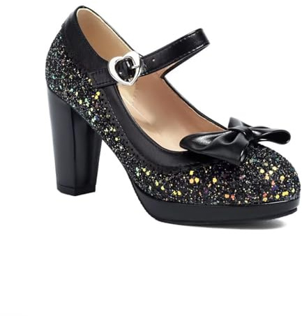 Elyffany Mary Jane Damen-Pumps mit hohem Absatz, glitzernde Pailletten, glitzernde Schleife, Pumps, Schwarz, 41 EU