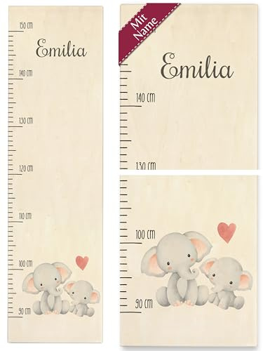 Messlatte Kind Holz - Elefant - Kindermesslatte Elefanten Pärchen mit Name I Elefanten I Süße Elefanten I Niedliches Elefanten Paar - 90-150 cm - Holz - personalisierte geschenke baby und